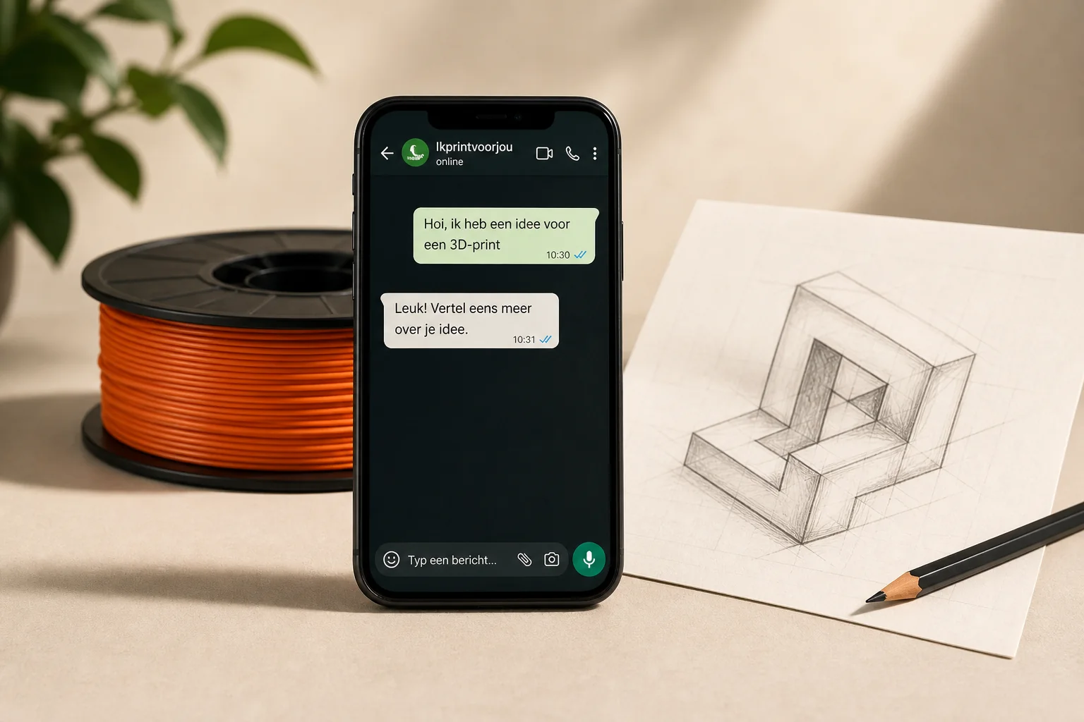 Decoratieve sfeerfoto van contact via WhatsApp, filament en een schets